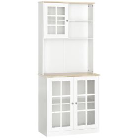72" Kitchen Pantry Cabinet Storage, Freestanding Storage Cabinet with Hutch, Countertop, Glass Doors and Adjustable Shelves, White
