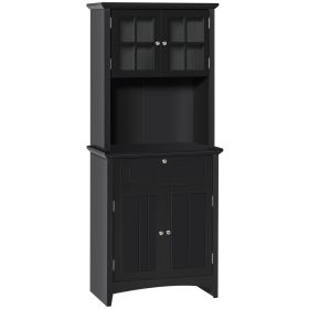 Elegant Kitchen Buffet with Hutch, Pantry Storage Cabinet with Framed Glass Door, Drawer, Microwave Space, Black