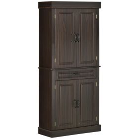 71" Coffee Tall Kitchen Pantry with 4 Doors, 2 Large Cabinets & Drawer for Efficient Storage