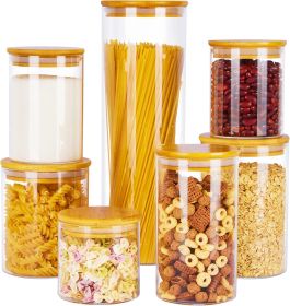 Glass Food Storage Jars, 7 Pack Kitchen Containers with Airtight Bamboo Wooden Lids for Pasta, Cookies, Nuts, Coffee Beans, Cereal, Canisters Set for