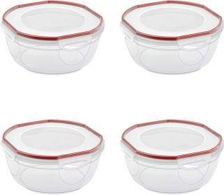 4.7 Qt Bowl, Large Airtight Food Storage Container, Latching Lid, Microwave and Dishwasher Safe, Clear With Red Gasket, 4-Pack