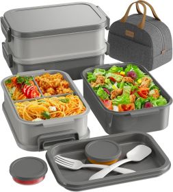 Adults Bento Lunch Box Set with Thermo Bag, 74oz Stackable Leak-proof 3-tiers Bento Box, Built-in Utensil and Sauce Container for Work, School