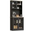 Kitchen Pantry Storage Cabinet, 72" Freestanding Cabinet with Hutch, Large Countertop, Glass Doors and Adjustable Shelves for Dining Room, Black