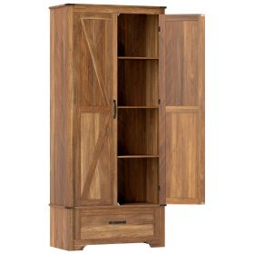 72" Farmhouse Pantry Cabinet with Adjustable Shelves, Kitchen Pantry Cabinet with 2 Doors, Brown