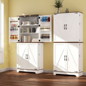 75" Tall Kitchen Pantry, Farmhouse Storage Cabinet with Barn Doors, Organizer, Drawer and Adjustable Shelves, Rustic Wood Cupboard for Kitchen, Dining (Color: White)